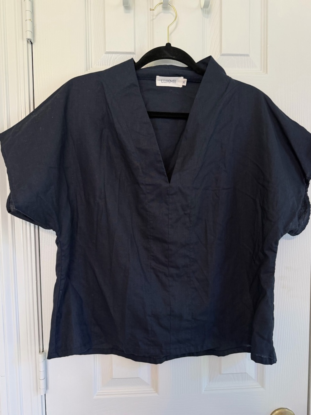 LUXMII Linen Top XL Navy Blue V Neck Oversized Minimalist European Linen Blouse
